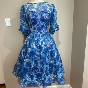 Vintage 1950s Blue Floral Chiffon Party Dress